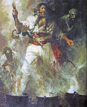 Blackbeard in smoke and flames, painting by Frank E. Schoonover - 1922