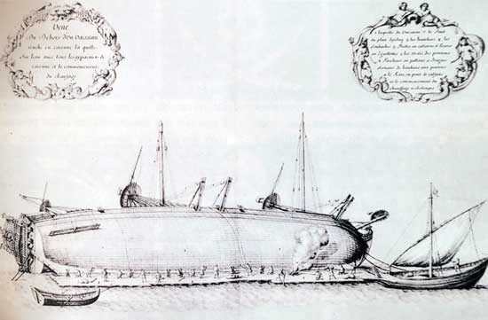 Vessel in hull lying on the water. Heating of the tar to soften it and recalibration of the ship