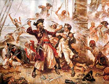 The duel between the pirate Blackbeard and Lieutenant Maynard of the Royal Navy, in Ocracoke